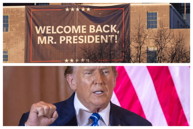 Banner reading 'Welcome Back, Mr. President!' displayed on a building, paired with Donald Trump speaking against a backdrop of the U.S. flag.